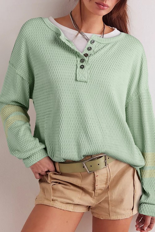 Meadow Mist Green Textured Knit Drop Shoulder Color Block Detail