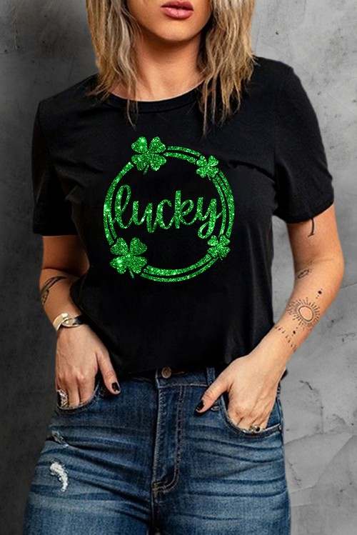 Black St Patrick Sequin Lucky Clover Print Short Sleeve T