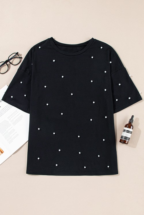 Black Pearl Beaded Drop Shoulder Crewneck T Shirt