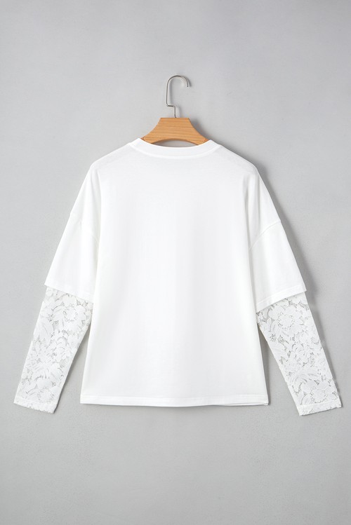 White Lace Long Sleeve Insert Drop Shoulder Tee