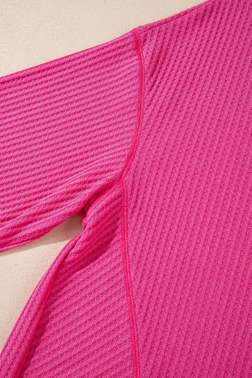 Bright Pink Waffle V Neck Long Sleeve Drop Shoulder Loose