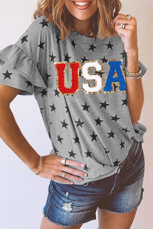 Gray USA Letter Patched Star Printed Ruffle Trim Sleeves Loose