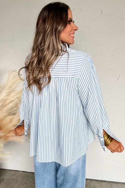 Sky Blue Stripe Shirred Detail Half Placket Collared Long Sleeve