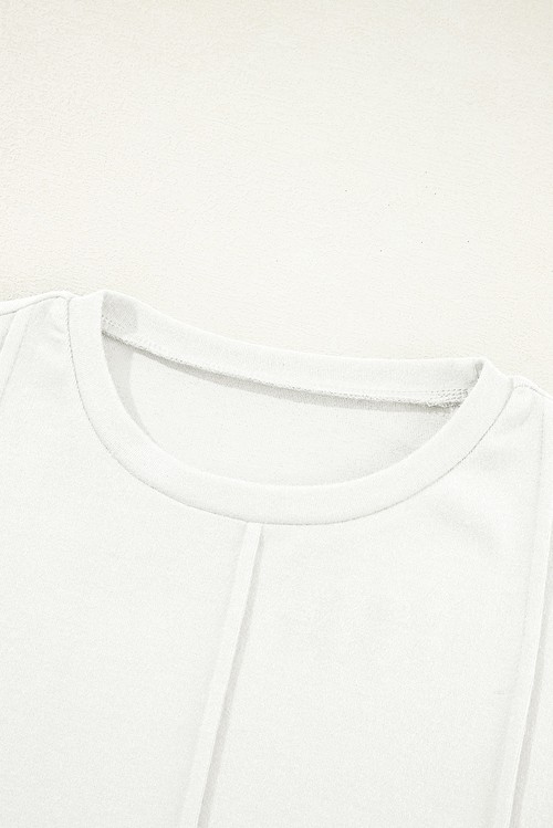 White Solid Exposed Seam Crew Neck Long Sleeve Top
