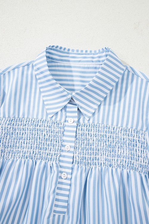 Sky Blue Stripe Shirred Detail Half Placket Collared Long Sleeve
