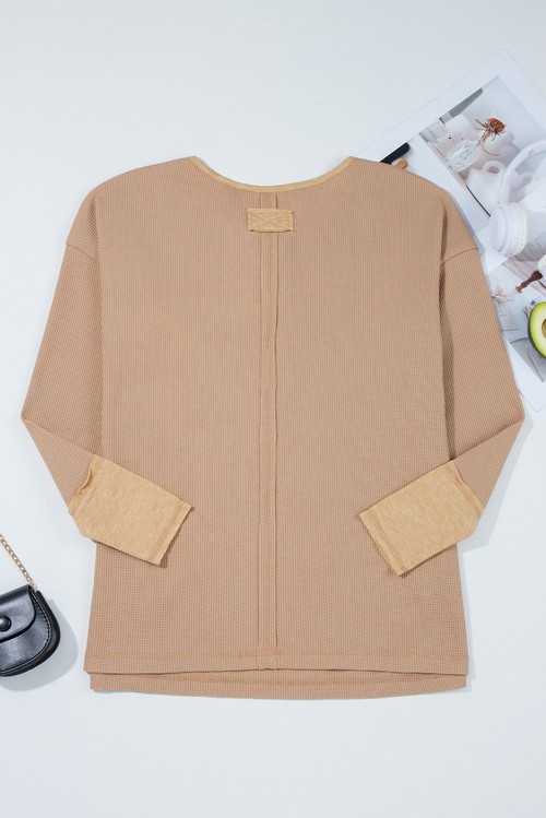 Dark Khaki Color Block Waffle Textured Tunic Henley Top with