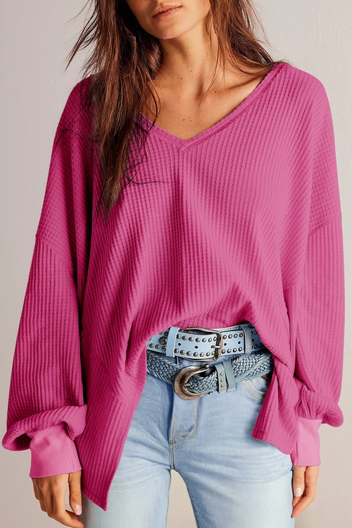Bright Pink Waffle V Neck Long Sleeve Drop Shoulder Loose