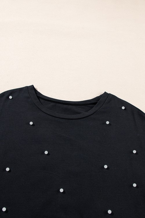 Black Pearl Beaded Drop Shoulder Crewneck T Shirt