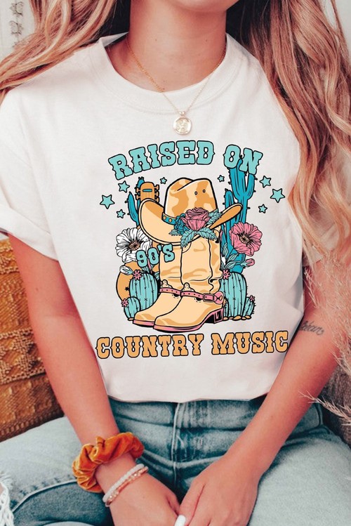 White RAISED ON COUNTRY MUSIC Western Graphic Tee