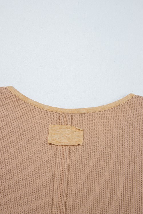 Dark Khaki Color Block Waffle Textured Tunic Henley Top with