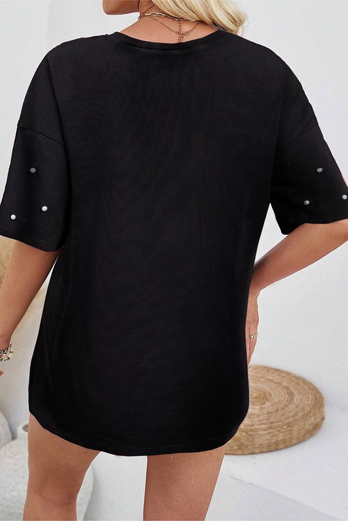 Black Pearl Beaded Drop Shoulder Crewneck T Shirt