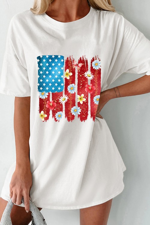 White Floral USA Flag Print July 4th T Shirt