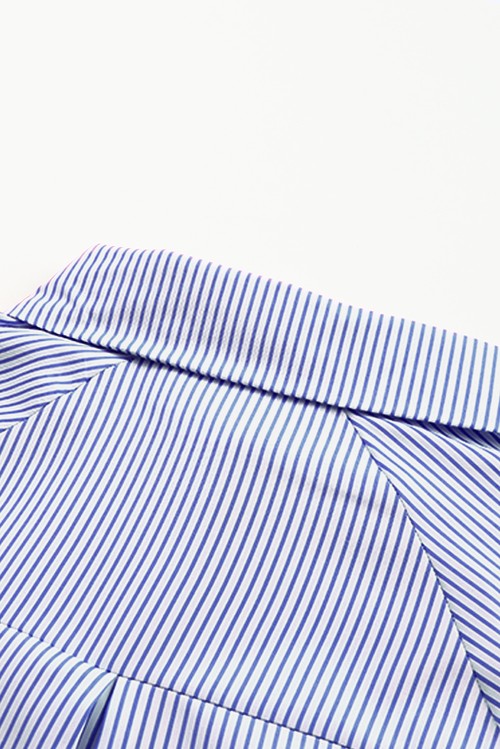 Blue Stripe Smocked Cuffed Striped Boyfriend Shirt with Pocket