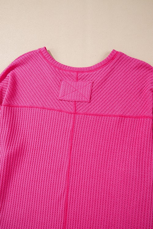 Bright Pink Waffle V Neck Long Sleeve Drop Shoulder Loose