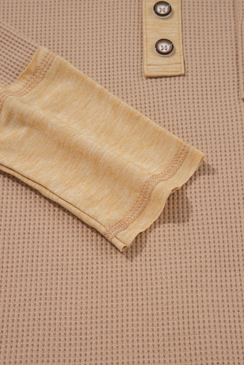 Dark Khaki Color Block Waffle Textured Tunic Henley Top with