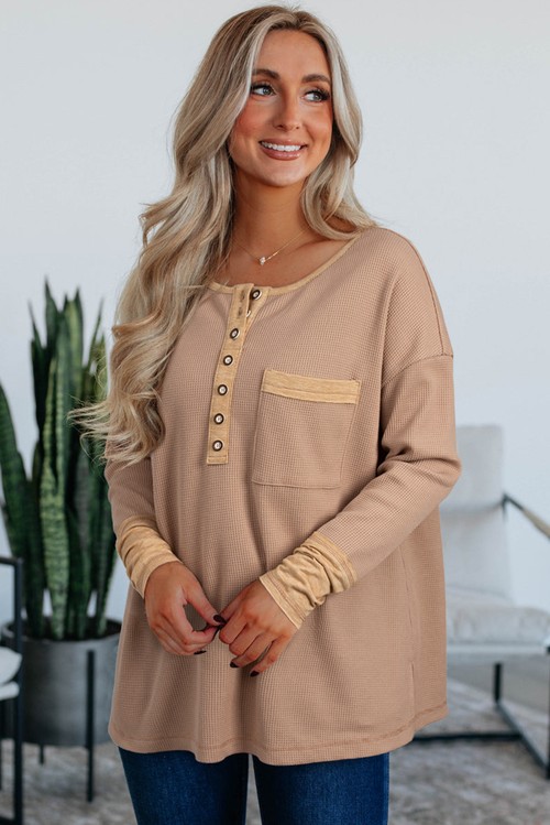 Dark Khaki Color Block Waffle Textured Tunic Henley Top with