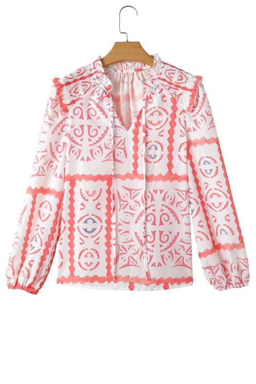 Desert Flower Vintage Print Smocked Poet Collar Billowy Blouson Sleeves