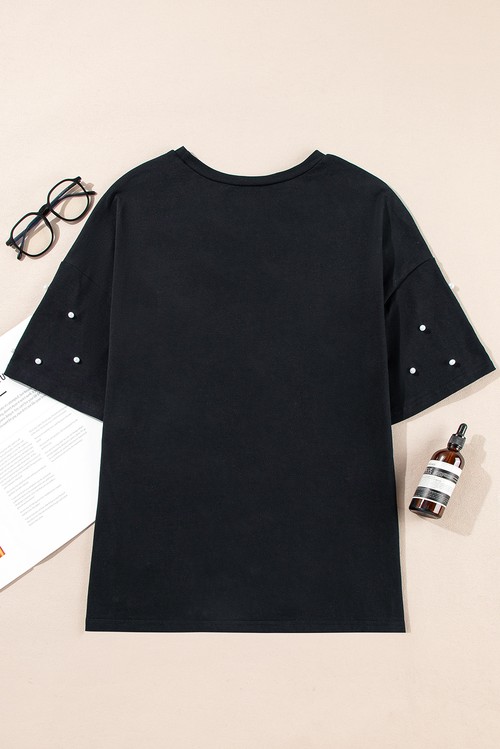 Black Pearl Beaded Drop Shoulder Crewneck T Shirt