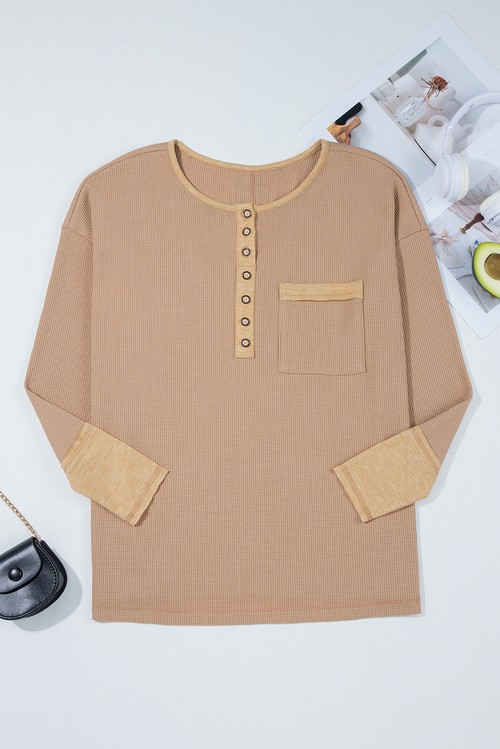 Dark Khaki Color Block Waffle Textured Tunic Henley Top with