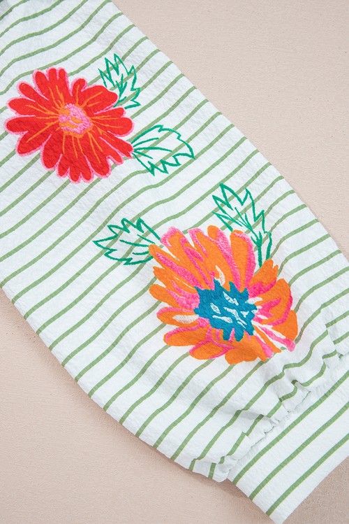Green Stripe Flower Puff Sleeve Notched V Neck Babydoll Blouse
