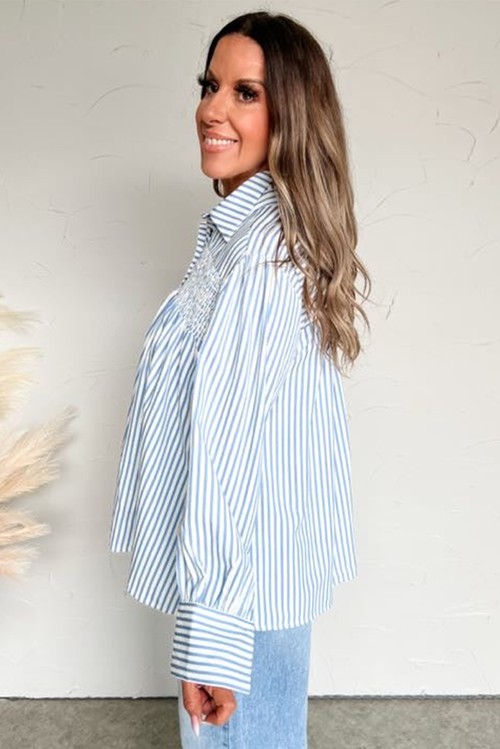 Sky Blue Stripe Shirred Detail Half Placket Collared Long Sleeve