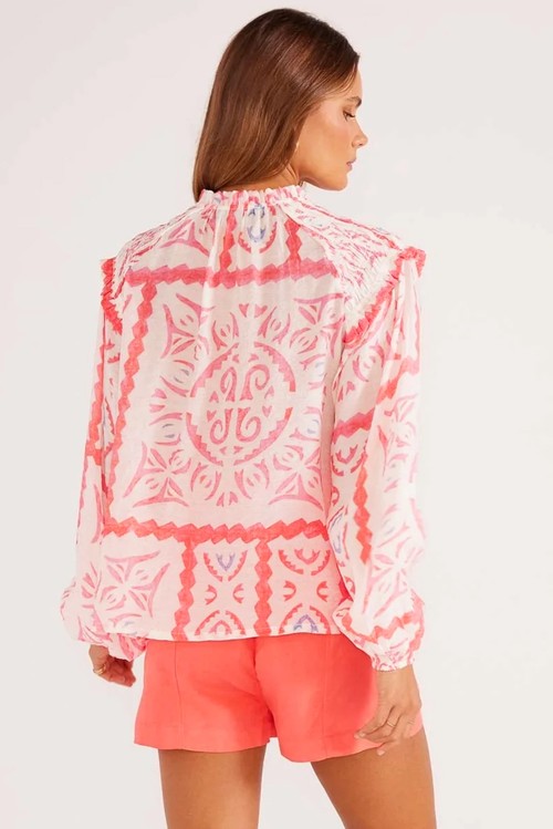 Desert Flower Vintage Print Smocked Poet Collar Billowy Blouson Sleeves