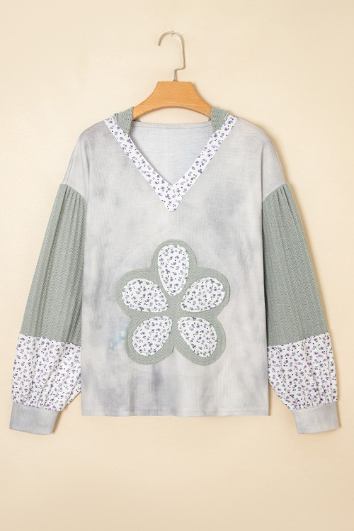 Green Floral Patched Waffle Textured Colorblock V Neck Casual Hooded