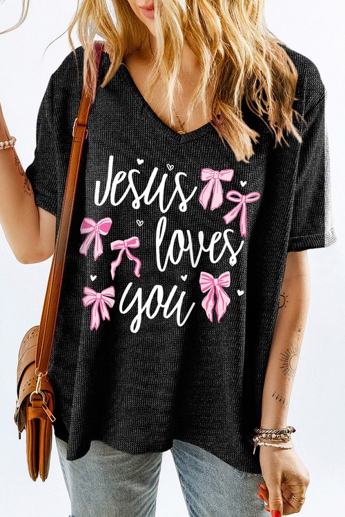 Gray Jesus Loves You Bow Knot Print V Neck Waffle