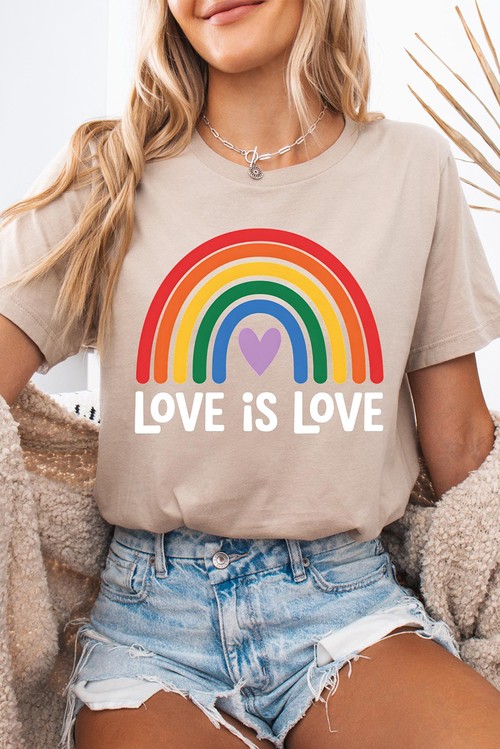 Khaki Love is Love Rainbow Heart Printed Cotton Blend T