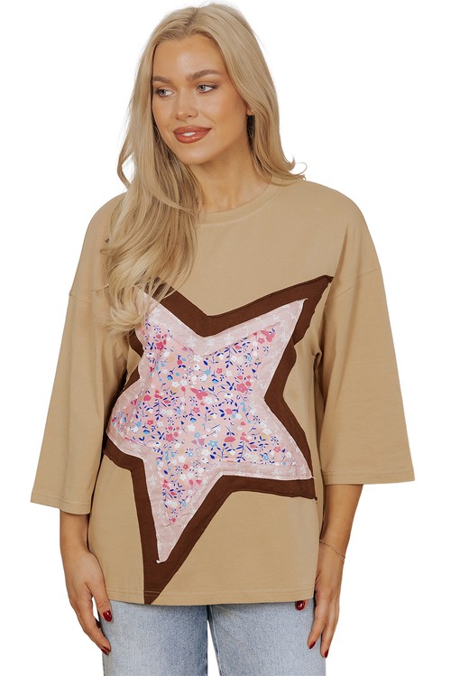 Camel Floral Star Patchwork 3 4 Long Sleeve Top