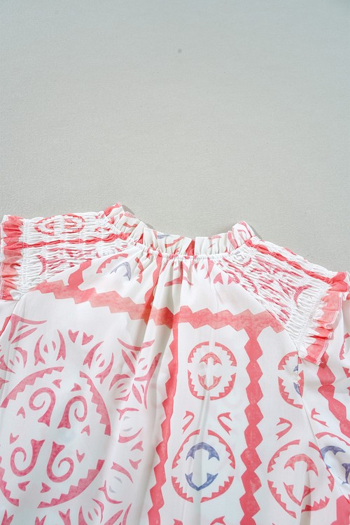 Desert Flower Vintage Print Smocked Poet Collar Billowy Blouson Sleeves