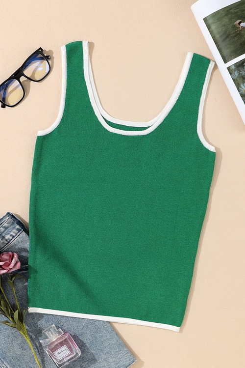 Dark Green Lightweight Ribbed Knit Contrast Trim Sweater Vest