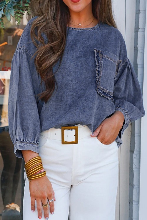 Sky Blue 3 4 Sleeve Ruffled Patched Pocket Denim Blouse