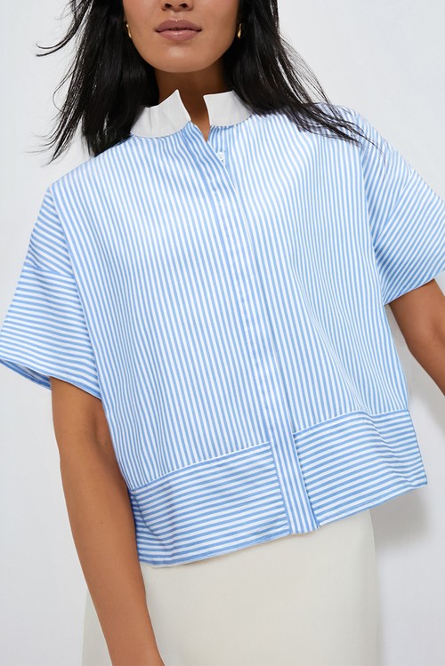 Sky Blue Stripe Contrast Collar Patchwork Hidden Button Short Sleeve