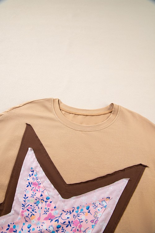 Camel Floral Star Patchwork 3 4 Long Sleeve Top