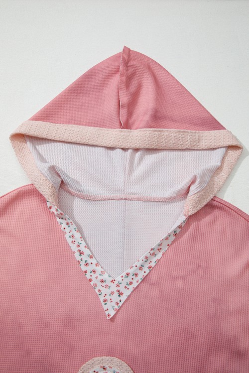 Pink Floral Patched Waffle Textured Colorblock V Neck Casual Hooded