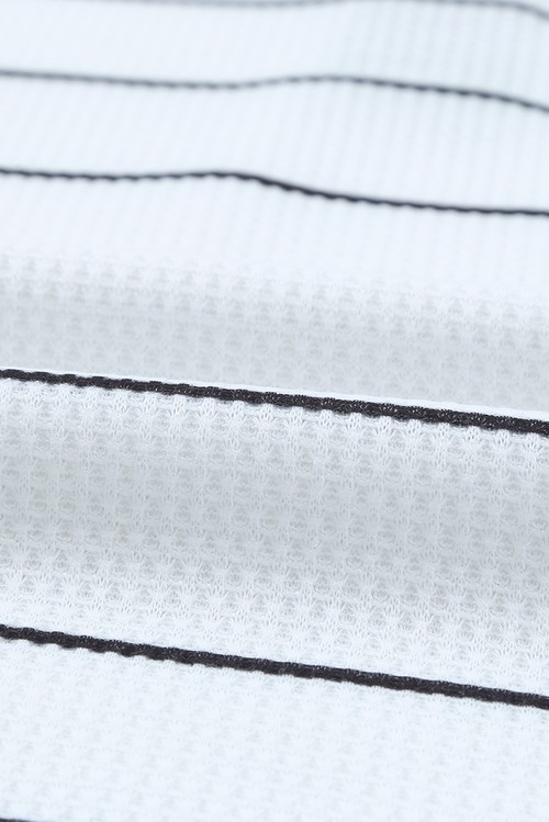 White Striped Buttoned Henley Waffle Knit Top