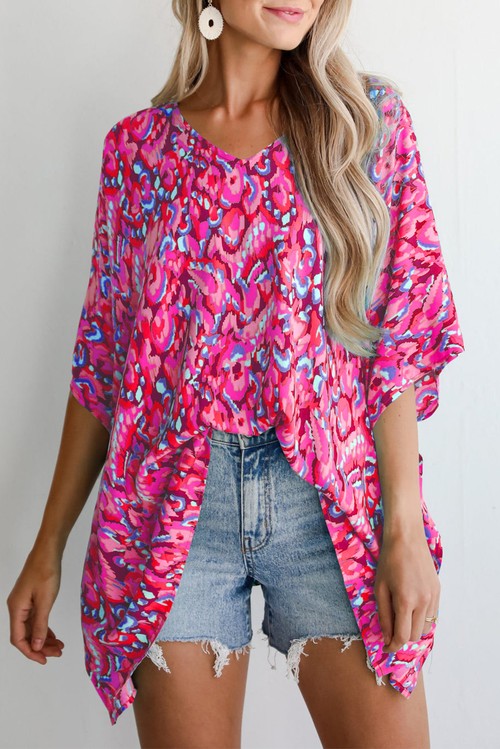 Pink Abstract Print V Neck Half Sleeve Loose Fit Tunic