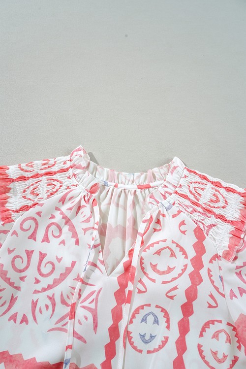 Desert Flower Vintage Print Smocked Poet Collar Billowy Blouson Sleeves