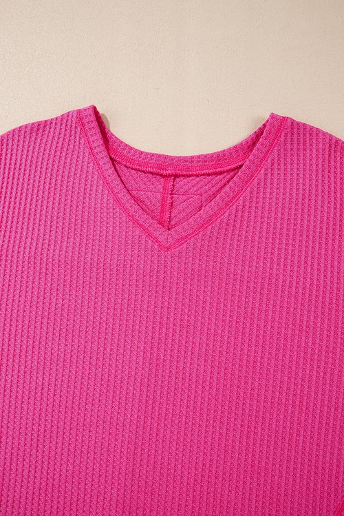 Bright Pink Waffle V Neck Long Sleeve Drop Shoulder Loose