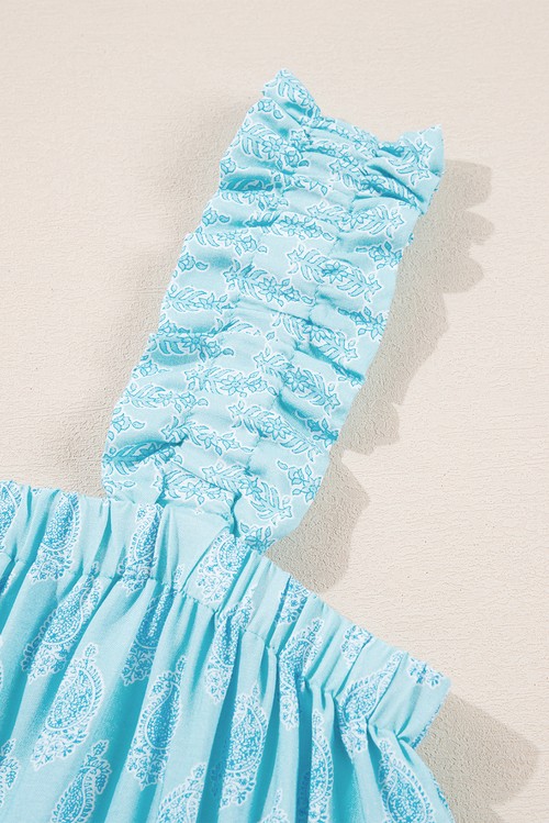 Sky Blue Tribal Pattern Print Ruffled Wide Straps Loose Tank