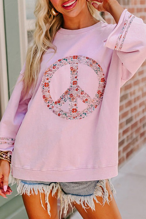 Light Pink Floral Peace Sign Graphic Drop Shoulder Wide Sleeve