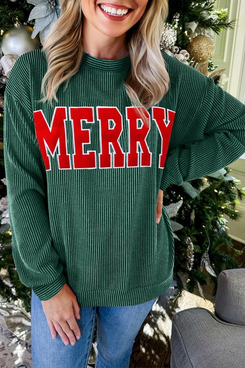 Evergreen Twisted Rib Outlined Merry Letter Graphic Loose Long Sleeve