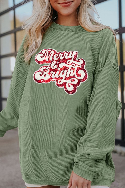 Grass Green Merry Bright Sequin Ribbed Crew Neck Sweatshirt
