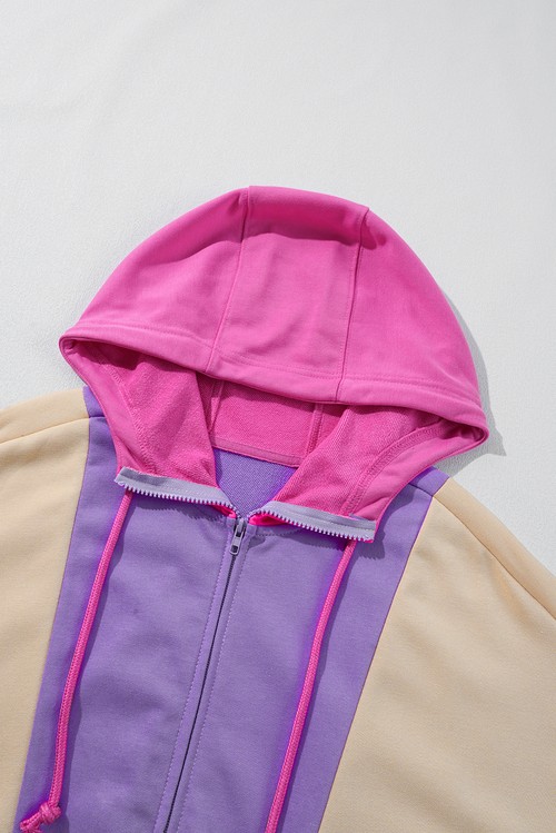 Grapefruit Orange Oversized Colorblock Patchwork Full Zipped Hoodie