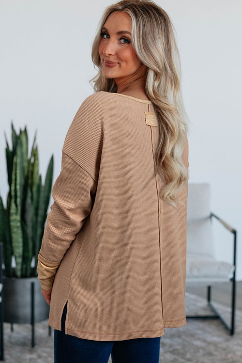 Dark Khaki Color Block Waffle Textured Tunic Henley Top with