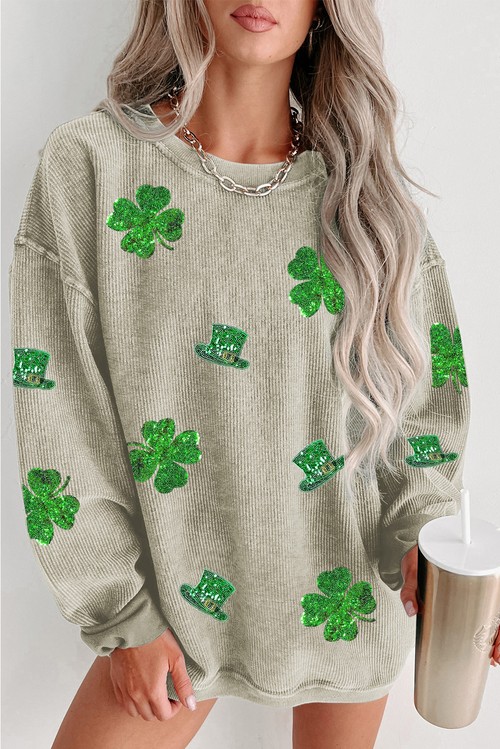 Green St Patrick Sequined Graphic Corded Sweatshirt