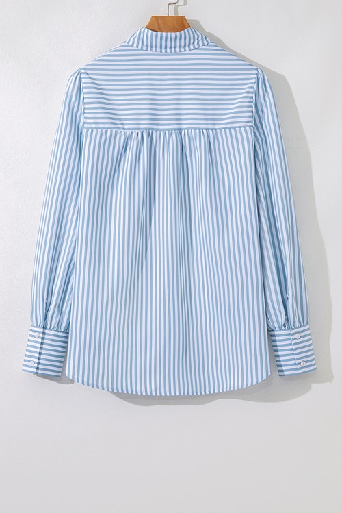Sky Blue Stripe Shirred Detail Half Placket Collared Long Sleeve