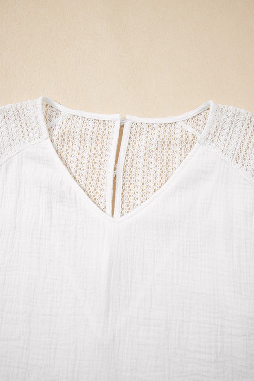 White Lace Crochet Textured Button Back V Neck T Shirt
