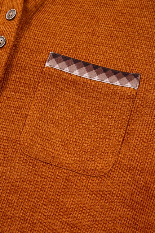 Straw Yellow Contrast Plaid Hood Patchwork Chest Pocket Henley Top